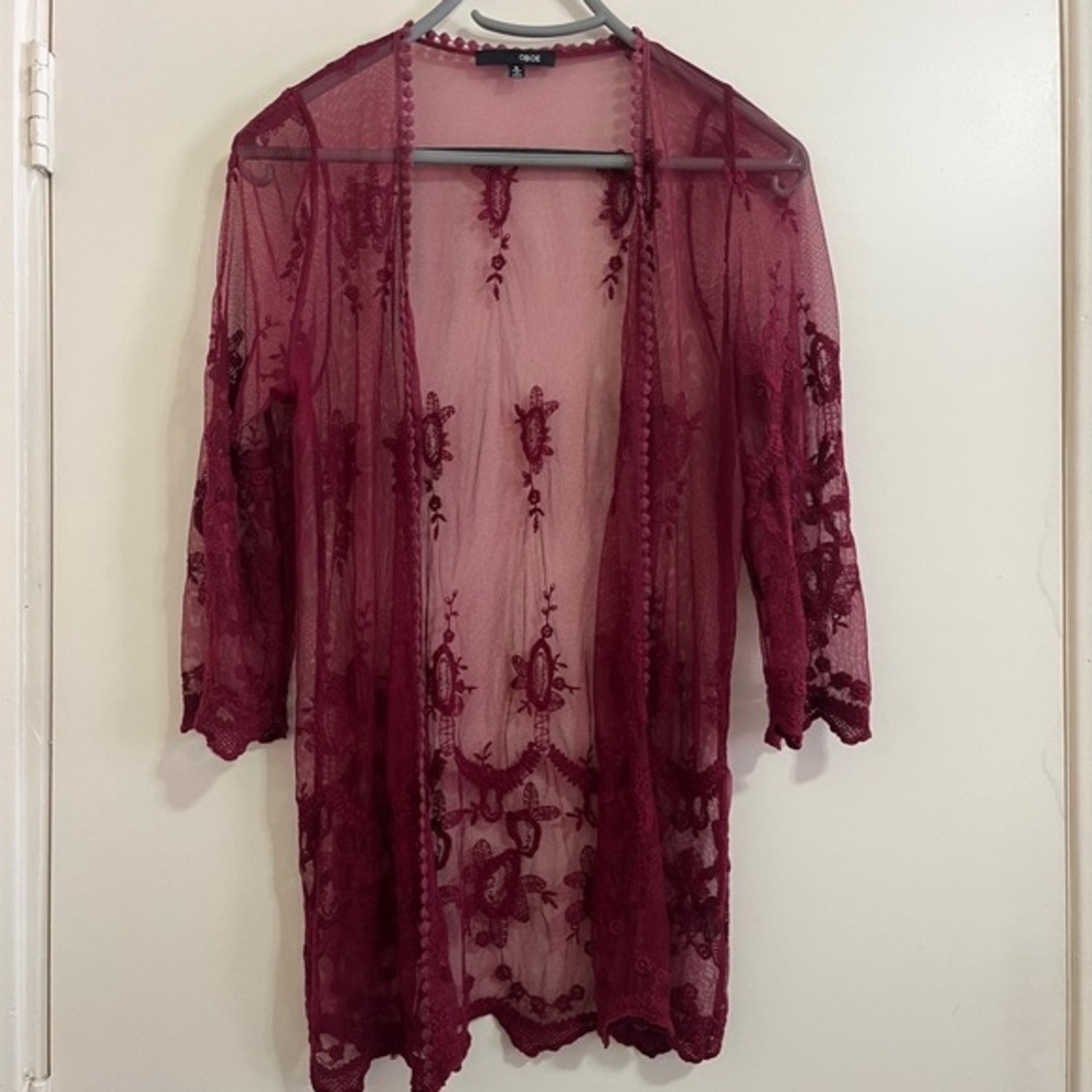 OBOE Embroidered Lace Kimono S Burgundy Whimsigoth Dark Fairy Gothic Boho Duster